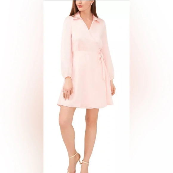 Halogen Dresses & Skirts - Halogen Light Pink Satin Faux Wrap Long Sleeve Shirt Dress